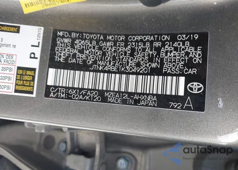 2019 Toyota Corolla Se из США, поврежденный, VIN JTNK4RBE1K3049201
